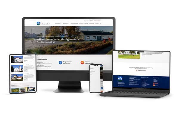 Responsive Website-Design der Gemeinde Großwarasdorf auf verschiedenen Geräten: Desktop-Monitor, Laptop, Tablet und Smartphone. Die Website zeigt das Gemeindeamt, lokale Sehenswürdigkeiten und Kontaktinformationen in einem übersichtlichen Layout.