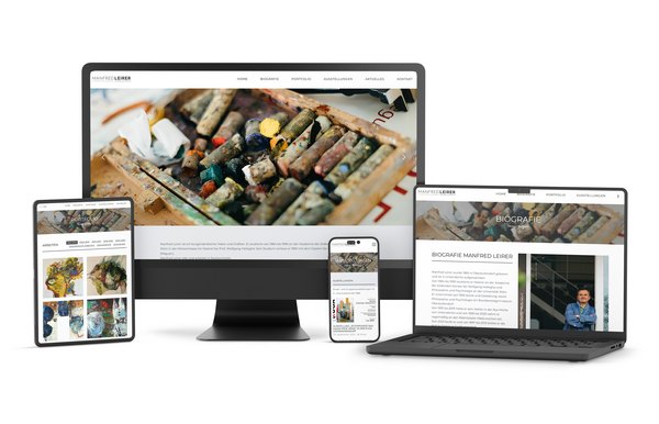 Neue Künstler-Website von Manfred Leirer – digitale Präsentationsplattform für Enkaustik-Kunst, Biografie und Ausstellungen. Website von Manfred Leirer auf Desktop, Tablet, Laptop und Smartphone – mit Portfolio, Biografie und Enkaustik-Werken.