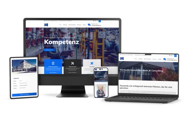 Website-Relaunch von JK Consulting e.U. – moderne WordPress-Seite mit klarer Struktur, sichtbar auf Desktop, Tablet und Smartphone.