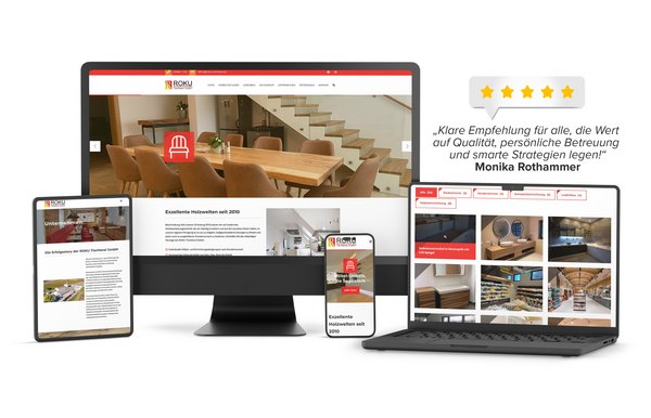 Responsive Website der ROKU Tischlerei auf Desktop, Tablet und Smartphone mit Fokus auf Innenausbau und Möbeltischlerei