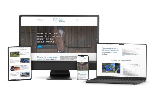 Responsive Website von Horse Collect auf Desktop, Tablet und Smartphone mit Darstellung von Transportfahrzeug und Buchungsinformation.