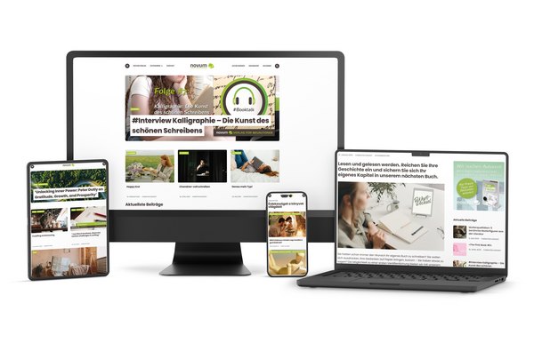Blogsystem vom novum Verlag auf Desktop, Laptop, Tablet und Smartphone – in Deutsch, Englisch und Ungarisch.