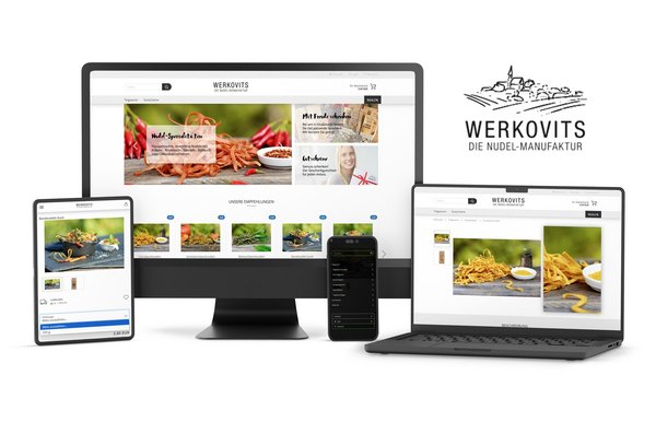 Responsive Online-Shop von Werkovits Nudeln auf verschiedenen Geräten: Desktop-Monitor, Laptop, Tablet und Smartphone. Der Shop zeigt eine klare Produktübersicht, intuitive Navigation und ein modernes Design.