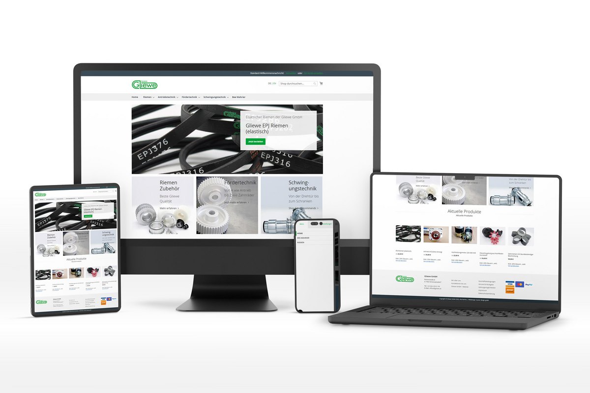 Responsive Webdesign der Gliewe GmbH auf verschiedenen Geräten, einschließlich Desktop, Laptop, Tablet und Smartphone, die den neuen Magento-basierten Webshop anzeigen.