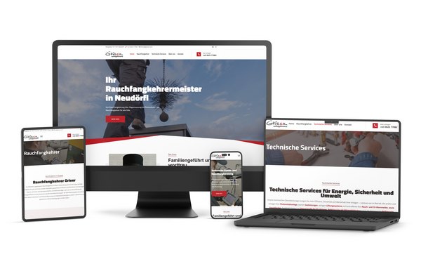 Website-Relaunch für Rauchfangkehrermeister Roland Grieer – moderne Online-Präsenz für regionale Services Neue Website von Rauchfangkehrermeister Grieer auf Desktop, Tablet und Smartphone – mit klar strukturiertem Leistungsüberblick zu Kamin, PV, Lüftung