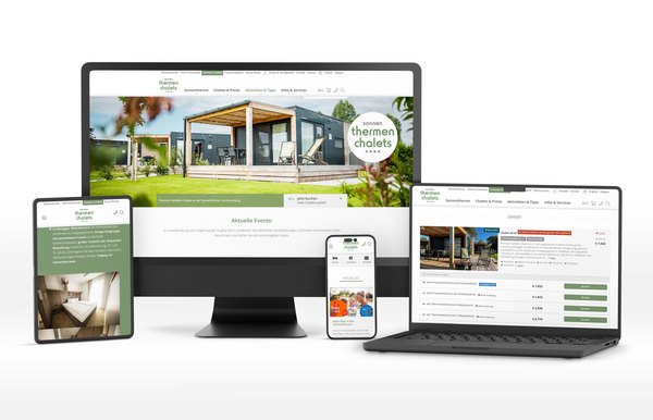 Übersicht der Thermenchalets Lutzmannsburg Website, dargestellt auf verschiedenen Geräten: einem Desktop-Monitor, einem Laptop, einem Tablet und einem Smartphone, die die benutzerfreundliche Oberfläche und das responsive Design zeigen.